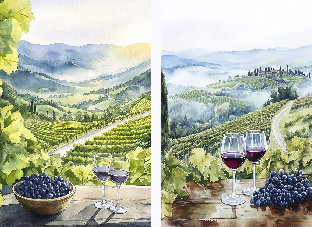 Painting of wine glasses and grapes on a table