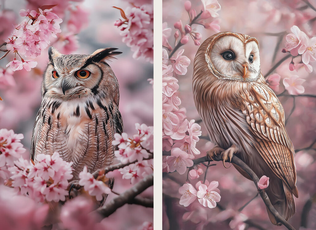 Collage of owls on a tree branch