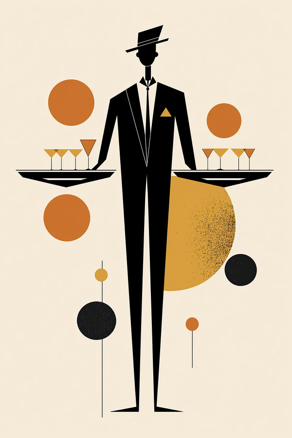 Man in a tuxedo holding a tray of drinks