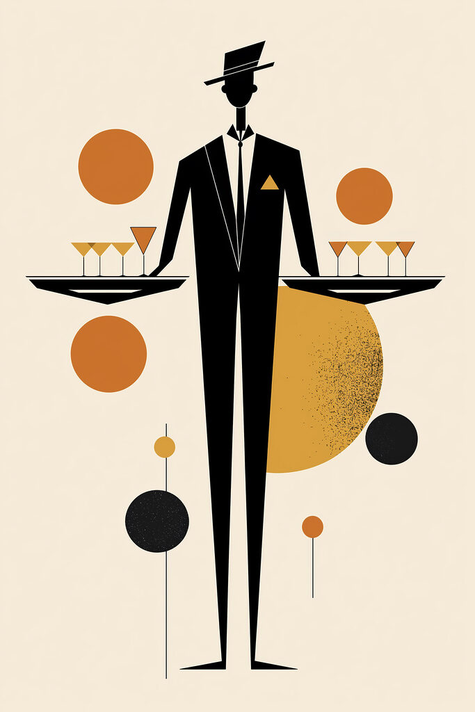 Man in a tuxedo holding a tray of drinks