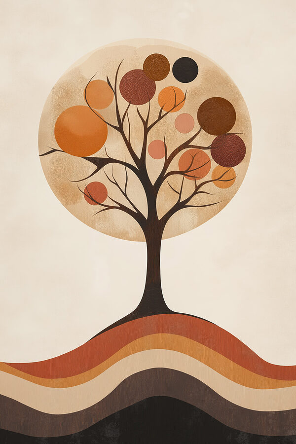 Tree with orange circles and a brown and white circle Tree with orange circles and a brown and white circle