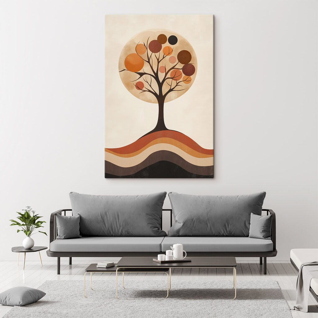 Tree with orange circles and a brown and white circle Tree with orange circles and a brown and white circle