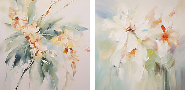 Two paintings of flowers on a white surface