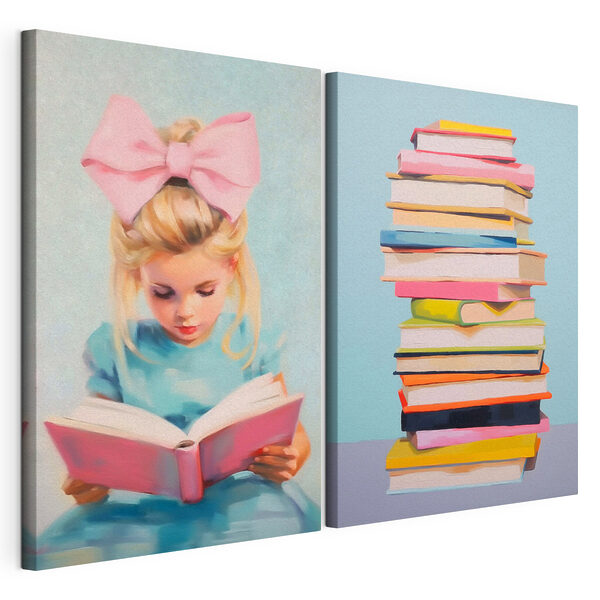 Дівчина, яка читає книгу, і стос книг Модульний друк на полотні Дівчина, яка читає книгу, і стос книг