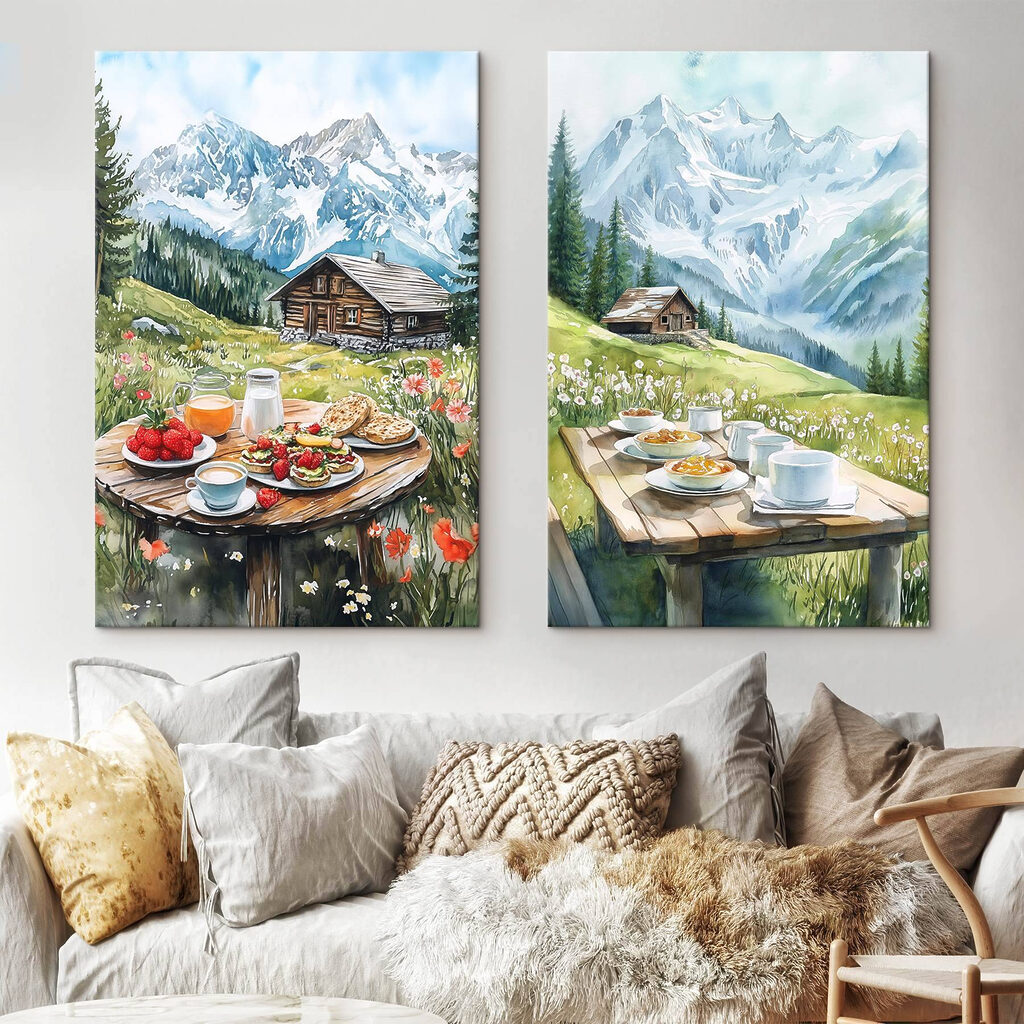 Painting of a table with food and drinks on it
