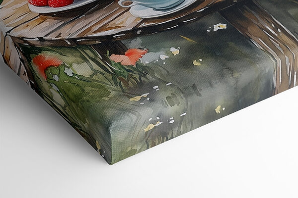 Painting of a table with food and drinks on it