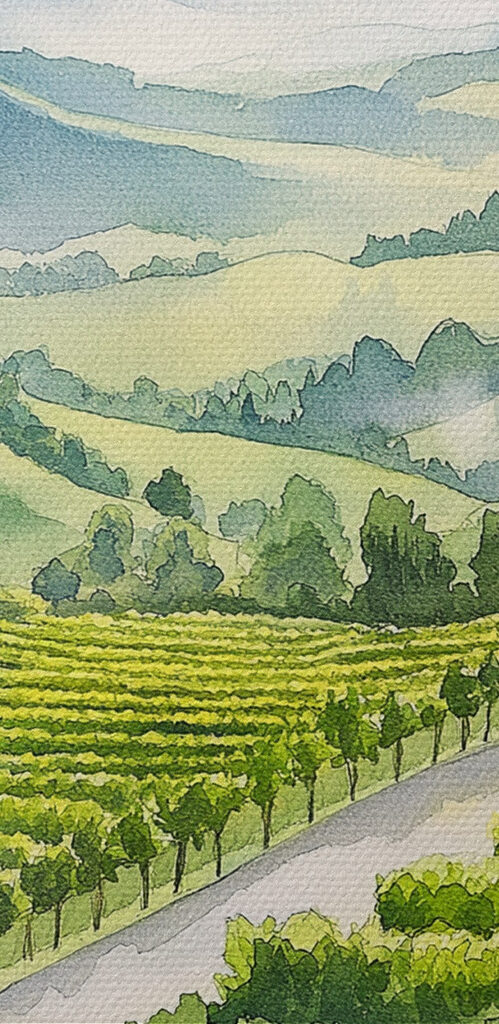 Painting of wine glasses and grapes on a table
