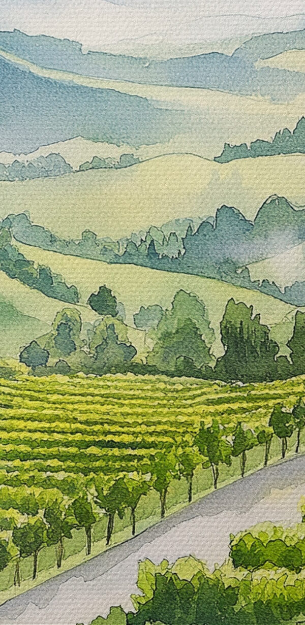 Painting of wine glasses and grapes on a table