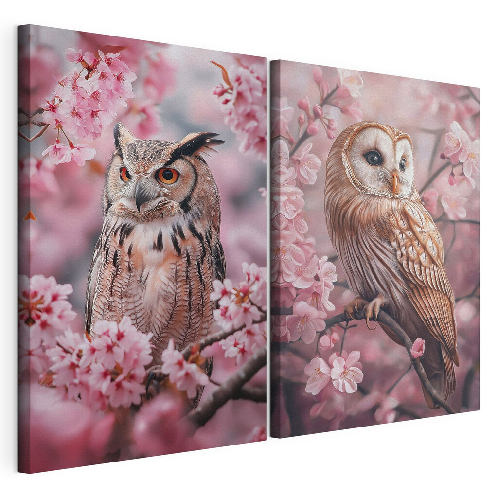 Collage of owls on a tree branch