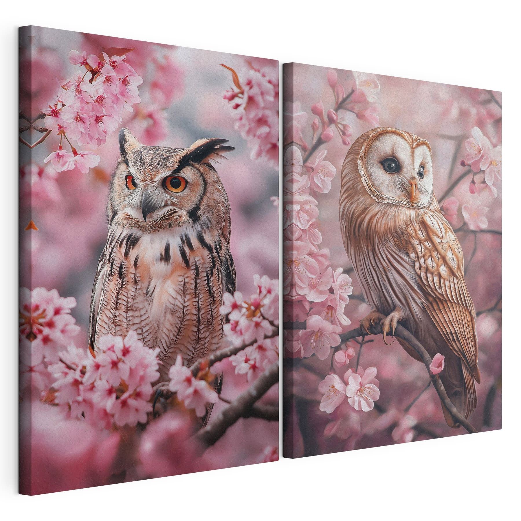 Collage of owls on a tree branch