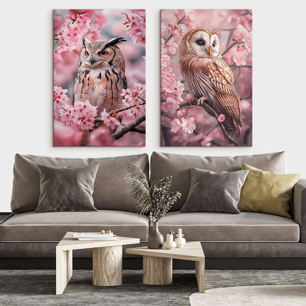 Collage of owls on a tree branch