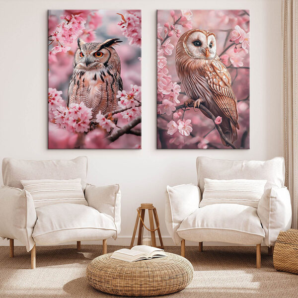 Collage of owls on a tree branch