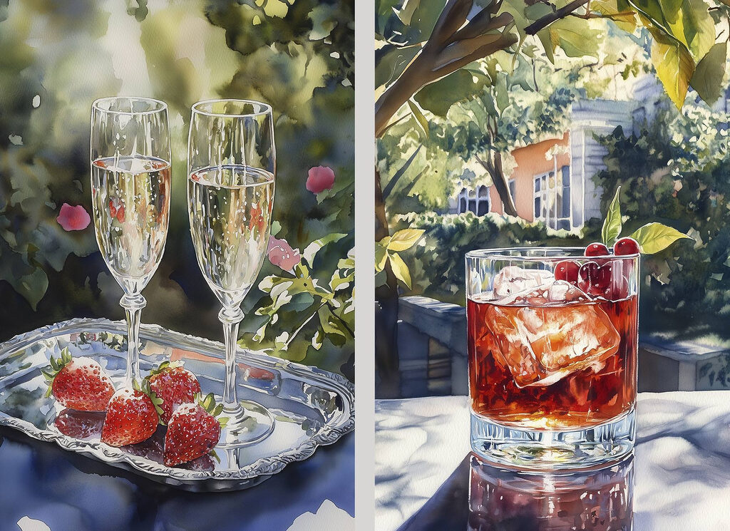 Watercolor painting of glasses of wine and strawberries Watercolor painting of glasses of wine and strawberries