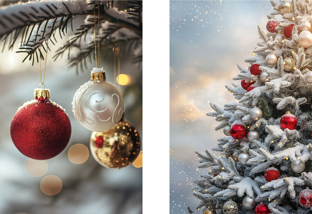 Festive ornaments hang on trees Festive ornaments hang on trees