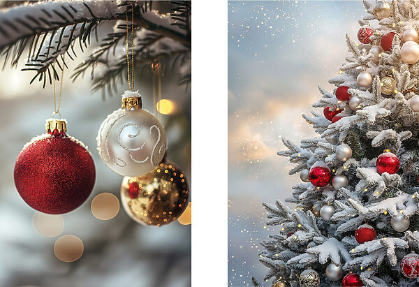 Festive ornaments hang on trees Festive ornaments hang on trees
