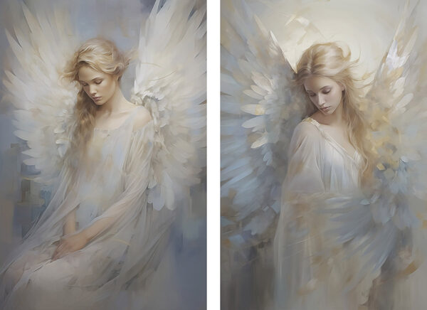 Woman with wings in a white dress