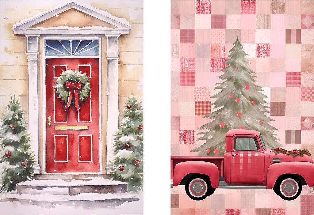 Red truck and a red door with a wreath and a red truck