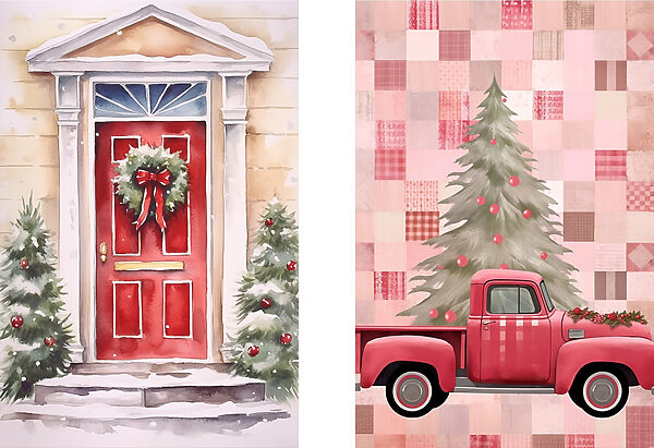 Red truck and a red door with a wreath and a red truck