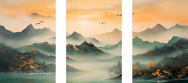Group of mountains with water and birds flying