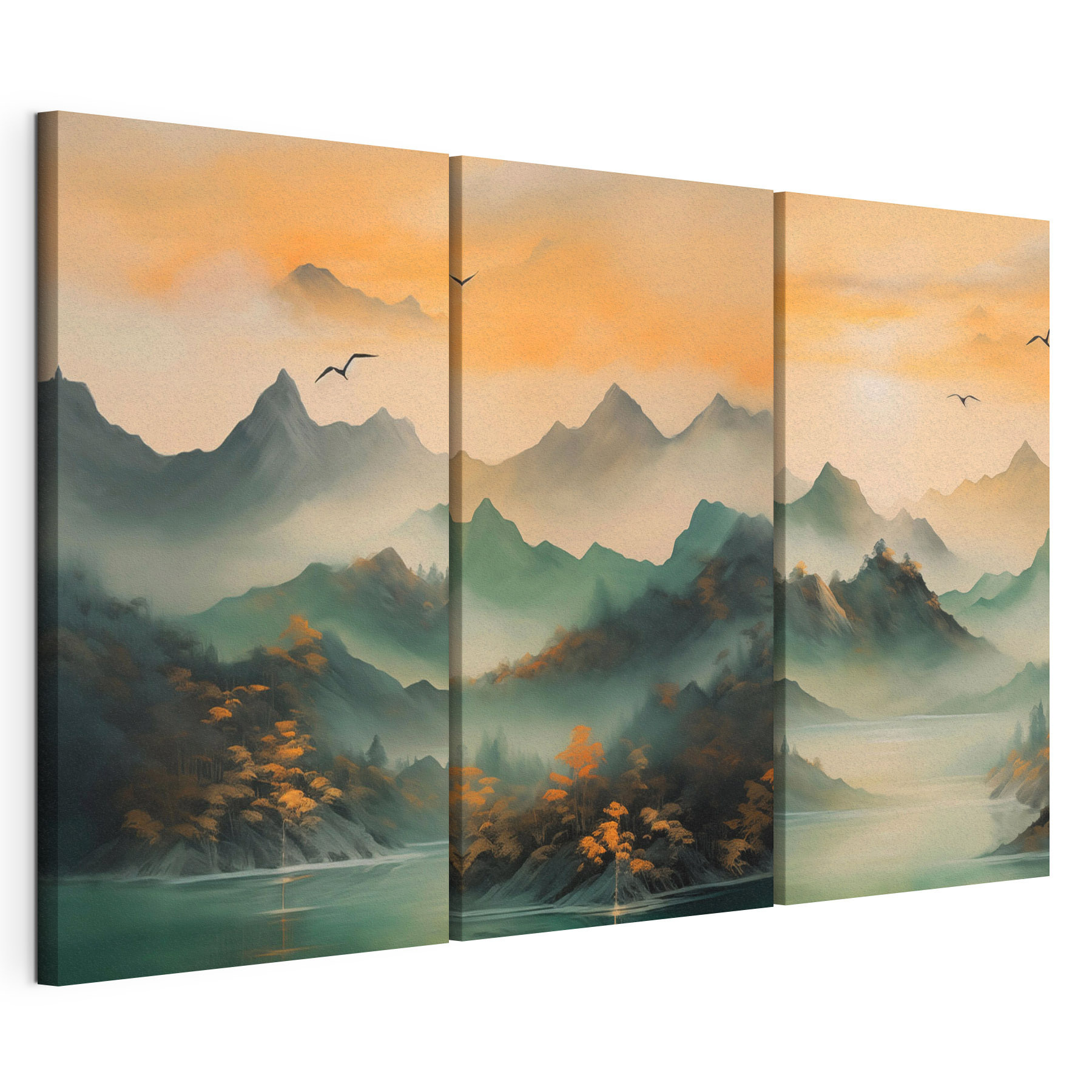 Group of mountains with water and birds flying