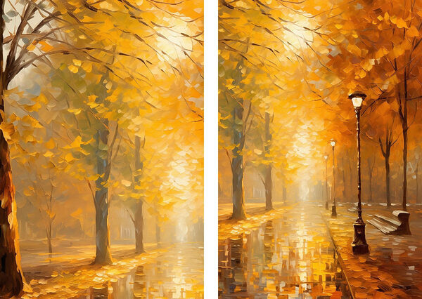 Painting of a street with trees and a lamp post Painting of a street with trees and a lamp post