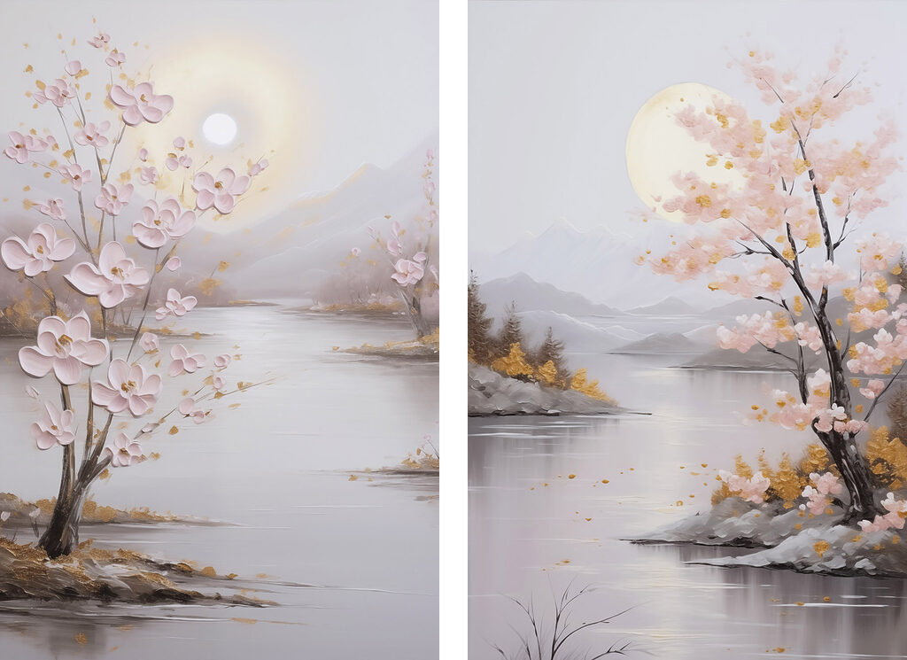 Painting of a river and a tree with pink flowers Painting of a river and a tree with pink flowers