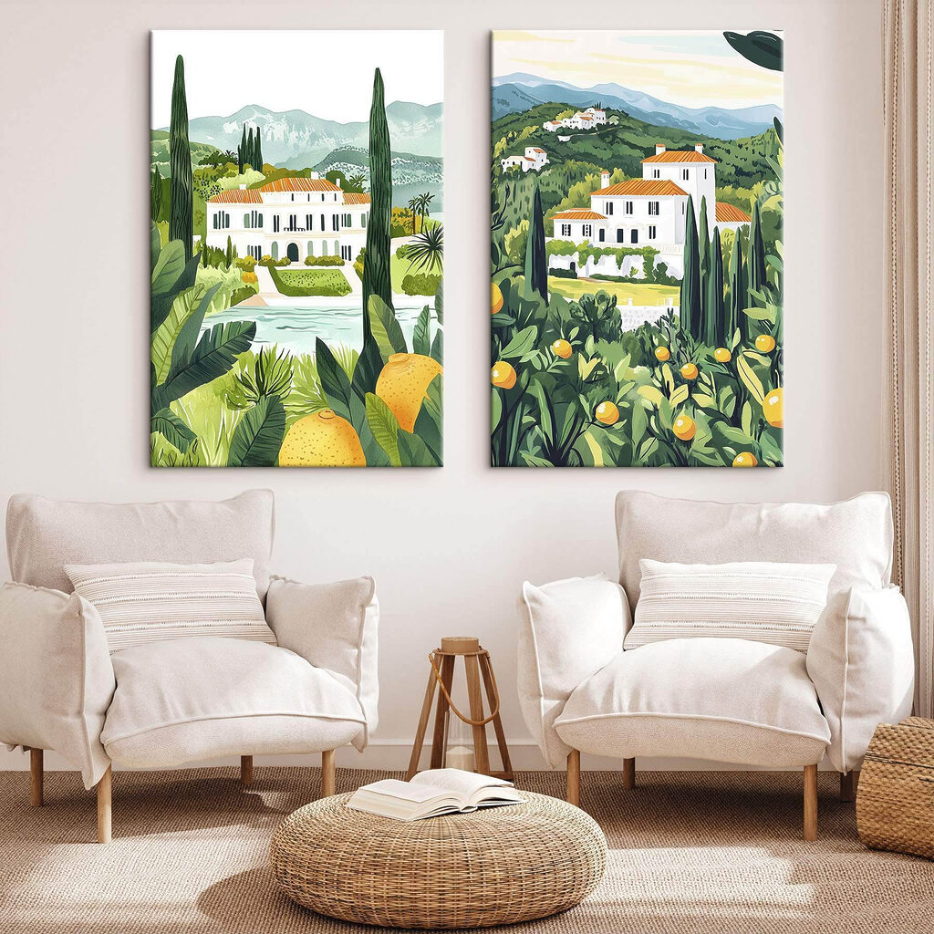 Painting of a house and a river