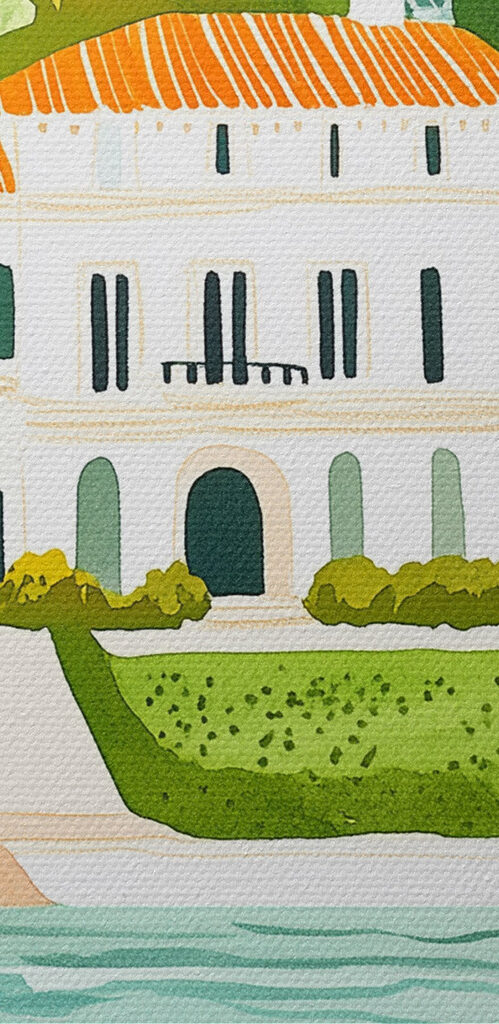 Painting of a house and a river