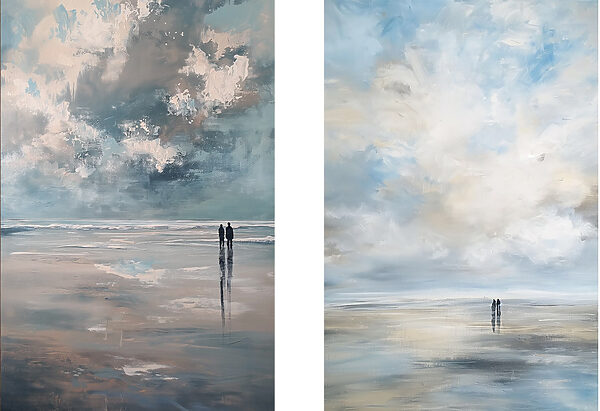 Painting of people walking on a beach Painting of people walking on a beach