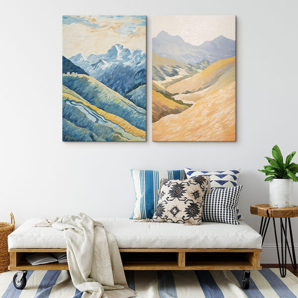 Painting of mountains and a river Painting of mountains and a river