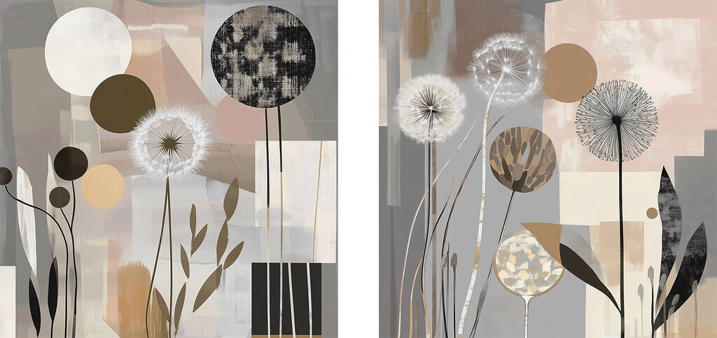 Two paintings of dandelions