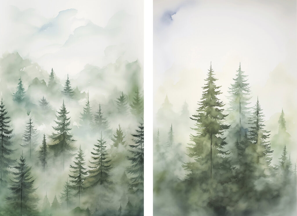 Painting of trees in the fog