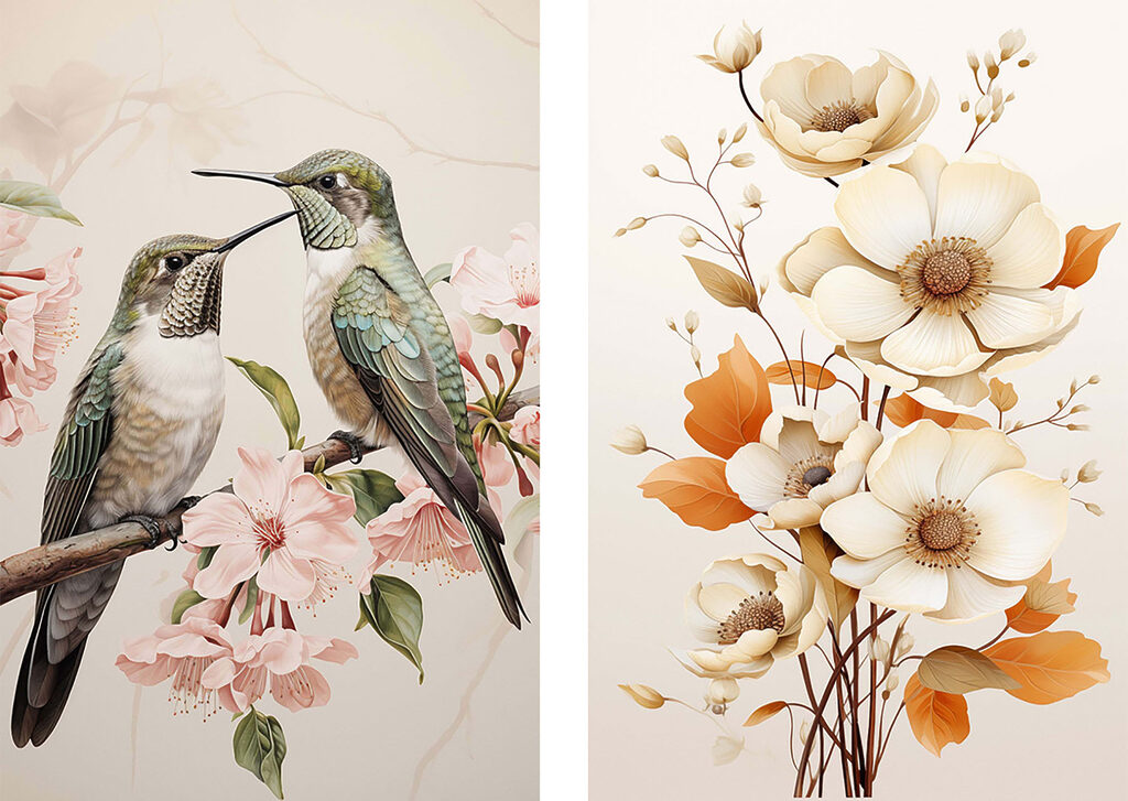 Two birds on a branch with flowers Two birds on a branch with flowers
