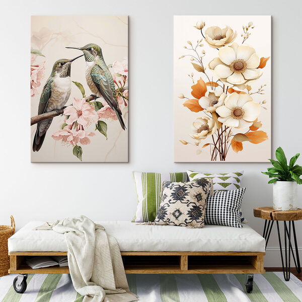 Two birds on a branch with flowers Two birds on a branch with flowers