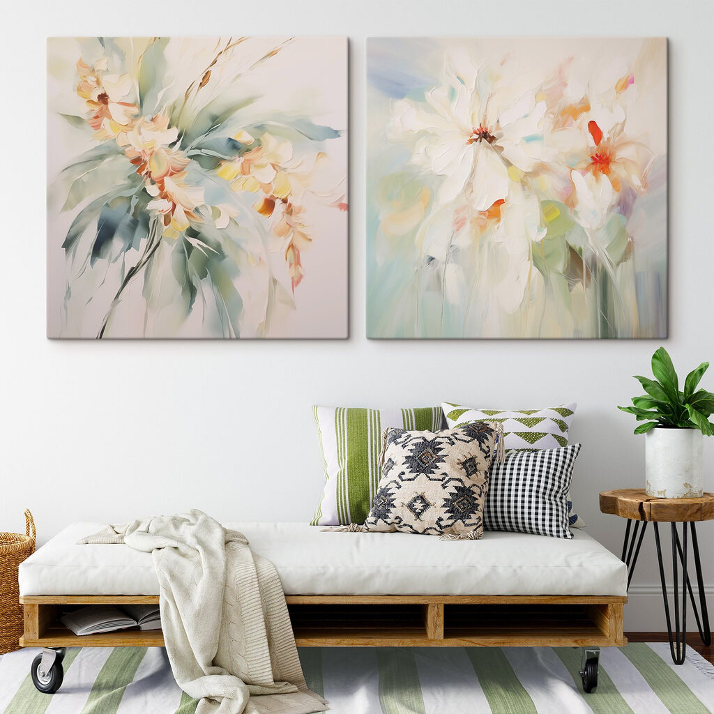 Two paintings of flowers on a white surface