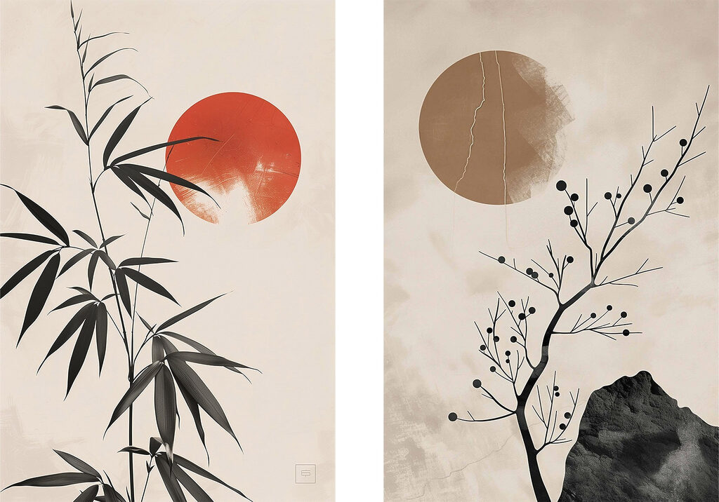 Two images of plants and a red sun
