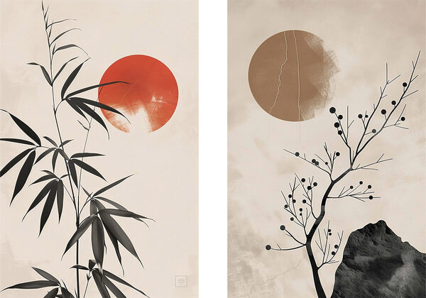 Two images of plants and a red sun