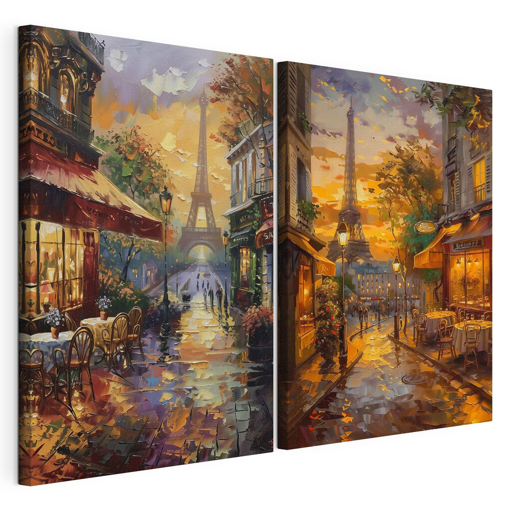 Painting of a street with a tower in the background Painting of a street with a tower in the background
