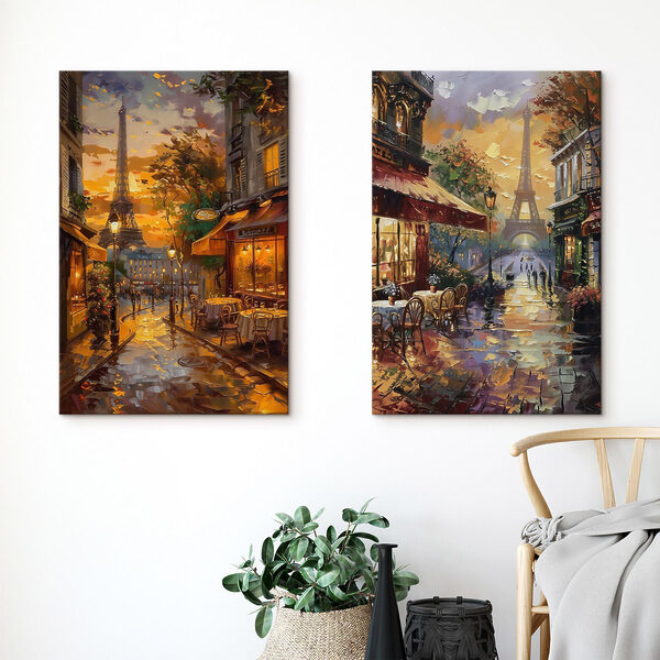 Painting of a street with a tower in the background Painting of a street with a tower in the background