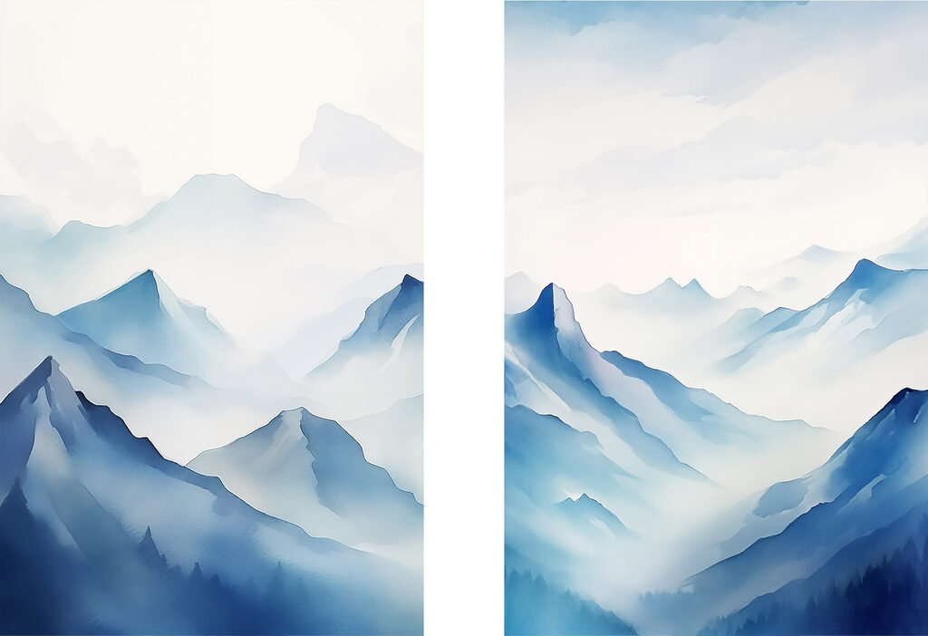 Painting of mountains and fog