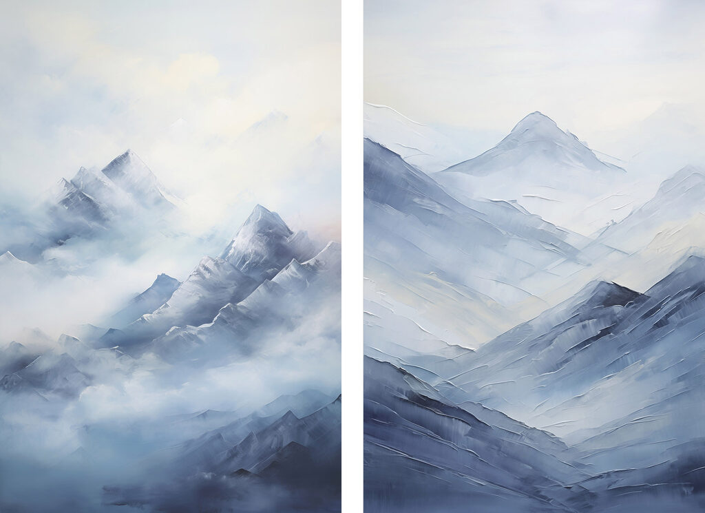 Painting of mountains in fog Painting of mountains in fog