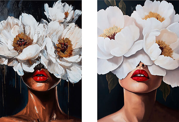 Painting of a woman with flowers over her eyes Painting of a woman with flowers over her eyes