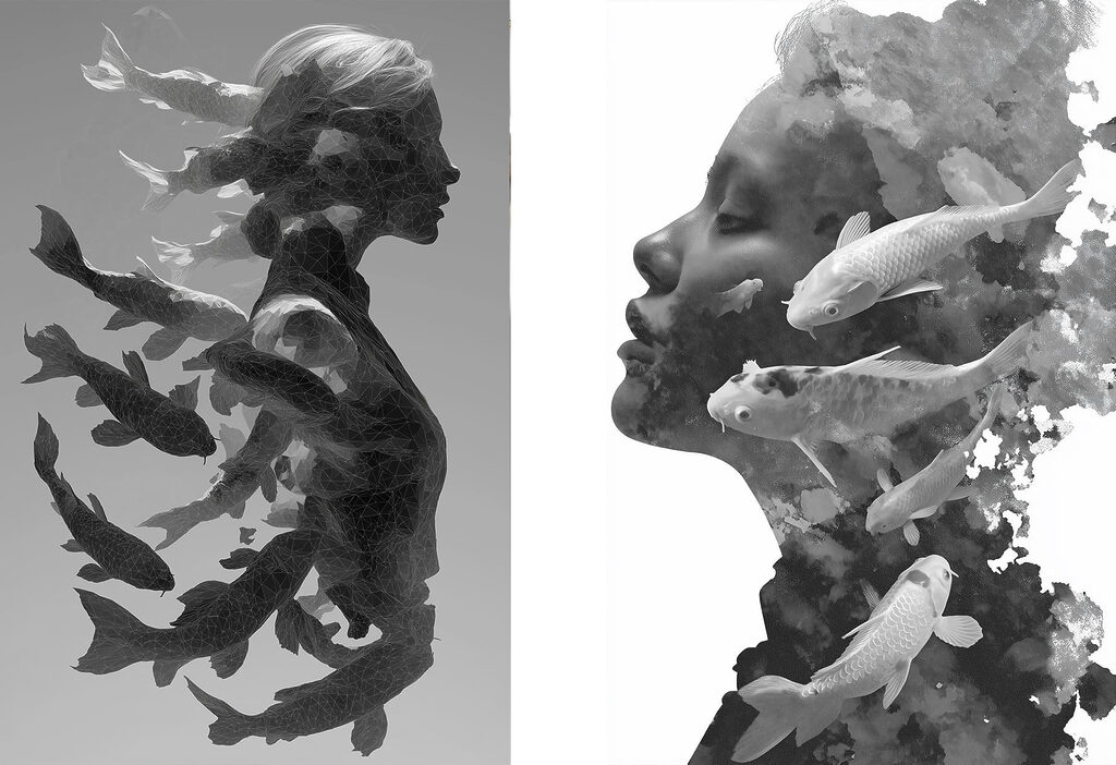 Woman's profile with fish and water Woman's profile with fish and water