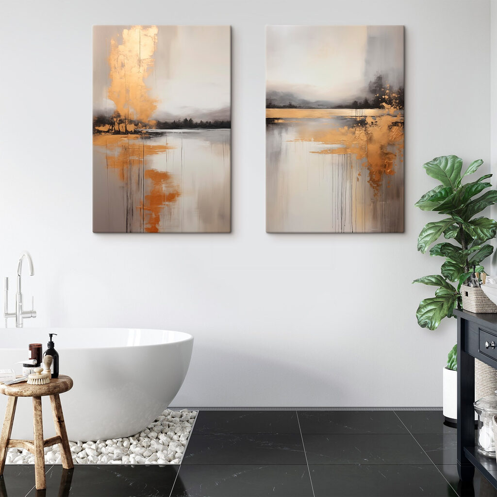 Painting of a lake and a foggy landscape Painting of a lake and a foggy landscape