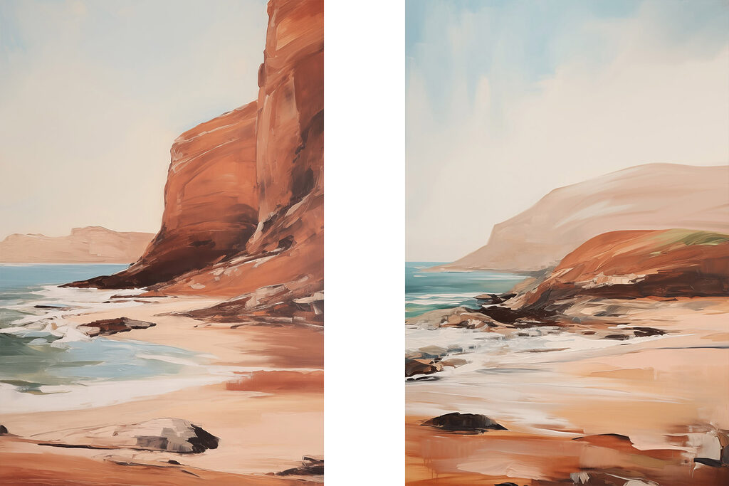 Painting of a beach and a rocky cliff Painting of a beach and a rocky cliff