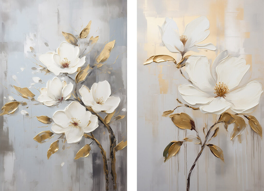 Two paintings of flowers on a gray background
