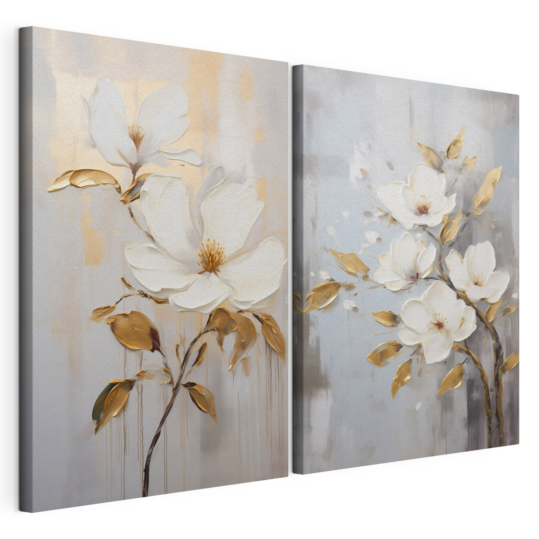 Two paintings of flowers on a gray background