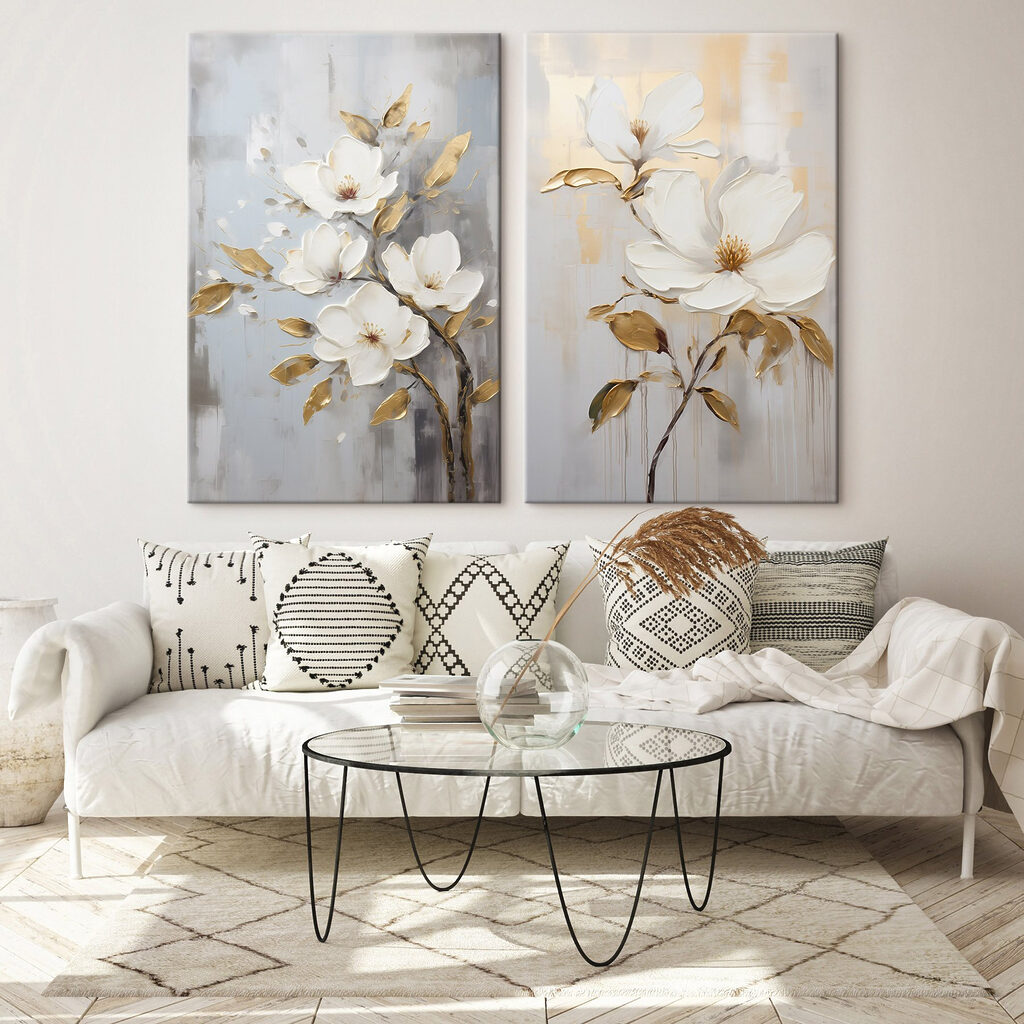 Two paintings of flowers on a gray background
