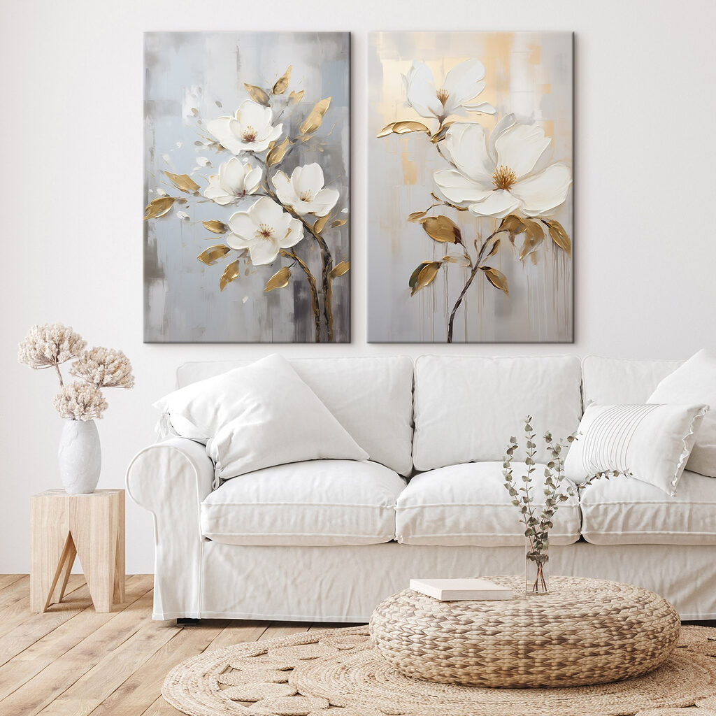 Two paintings of flowers on a gray background