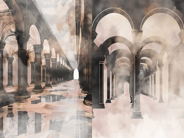 Collage of a hallway with columns and a puddle of water Collage of a hallway with columns and a puddle of water